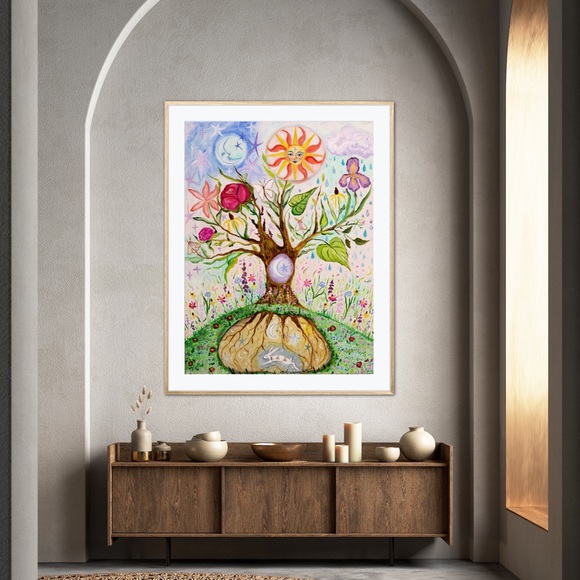 Tree of Life Whimsy Art Print flowers rabbit sun moon colorful whimsical fantasy - Picture 6 of 9